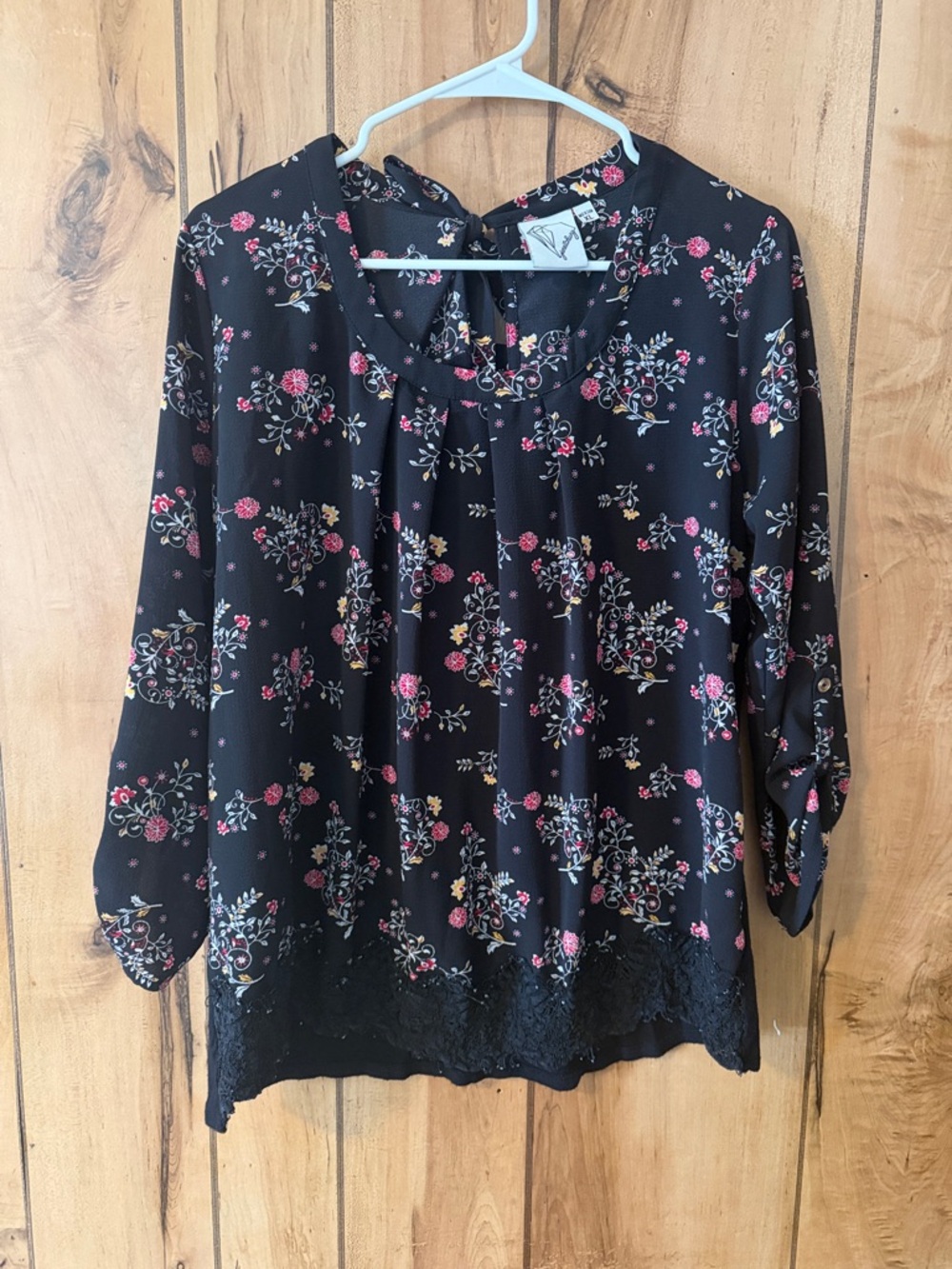 Black Floral Lace-Hem Women's Blouse with Pink & Yellow Accents